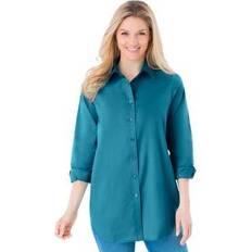 Turquoise - Women Shirts Woman Within Plus Perfect Long Sleeve Shirt in Deep Teal Size 5X