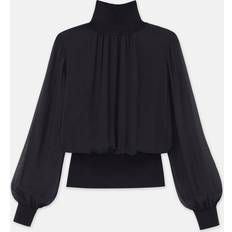 High Collar Blouses Lafayette 148 New York Knit Trim Turtleneck Blouse Black