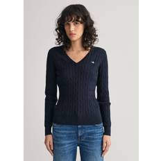Ladies evening tops Gant Women Stretch Cotton Cable V-Neck - Evening Blue