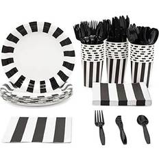 Halloween Plates, Cups & Cutlery Blue Panda 24 Set Disposable Dinnerware Black White Party Supplies for Happy Halloween Multi