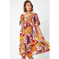 Smock Roman Tropical Print Frill Hem Smock Dress in Yellow