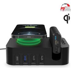 Charging Station 65W m. Trådløs Oplader, 3 x USB-A, 1 x USB-C, 1 x 4000mAh Powerbank & 20W Vægoplader Sort