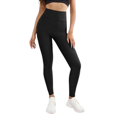 Shein Women Trousers & Shorts Shein Basic Textured Wide Waistband Solid Sports Leggings - Black