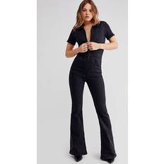 XL Jumpsuits & Overalls Free People Women's Jayde Zip-Front Flare-Leg Jumpsuit Black Mamba Black Mamba