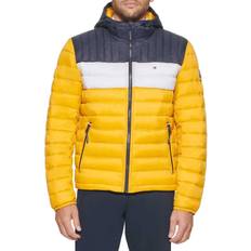 Tommy Hilfiger Yellow Clothing Tommy Hilfiger Men's Quilted Lightweight Colorblock Hooded Puffer Jacket, Medium, Yellow/Navy