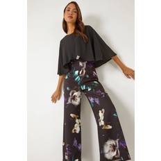 Floral - Woman Jumpsuits & Overalls Roman Floral Cape Detail Wide Leg Jumpsuit in Black