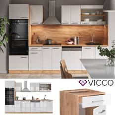 Mini Cuisines VICCO Cuisine R-Line, Blanc brillant/Chêne doré 300 cm avec armoire haute, sans plan de travail