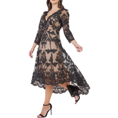 Scalloped Lace Dipped Hem Midi Dress - Black