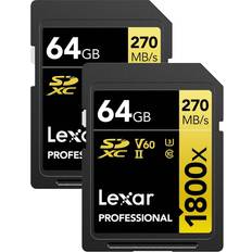 Minnekort & minnepenner LEXAR Professional SDXC Class 10 UHS-II U3 V60 270/180MB/s 64GB (1800x) (2-Pack)