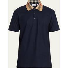 Men - XXXS Tops Burberry Check Collar Cotton Polo Shirt - Smoked Navy