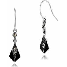 Art Deco Style Round Marcasite & Enamel Drop Earrings in 925 Sterling Silver