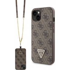 Guess Mobiltilbehør Guess iPhone 15 4G Strass Triangle Metal Logo Cover med Crossbody Rem Brun