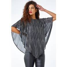 Silver - Women Blouses Roman Metallic Print Chiffon Overlay Top in Silver
