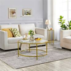 Yaheetech Round Glass-Top Coffee Table