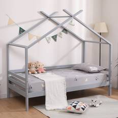 SlumberWorx Grey No Trundle, No Mattress Teddy Wooden House Treehouse Single Bed & Optional Trundle