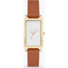 Klockor skagen dam Skagen 22mm SKW3097 Fyrkantig damklocka i guldfärg med brunt armband