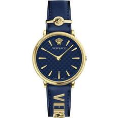 Versace Unisex Wrist Watches Versace V Circle Blue Gold Leather Watch ONE SIZE