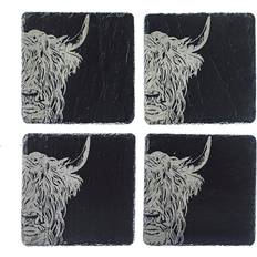 The Slate company, Handcrafted Slare Square Etched Highland Coaster 4pcs
