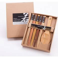 Wood Chopsticks Branded 5 Pairs Natural Wood and 1 Moso Bamboo Rice Paddle Gift Set Chopsticks