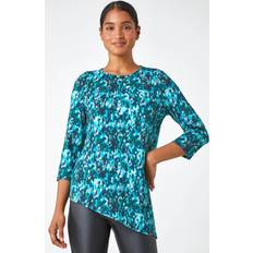 Roman Abstract Print Asymmetric Stretch Top in Turquoise