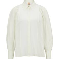 HUGO BOSS Open White Point Collar Gathered Shoulders Silk Blouse - White