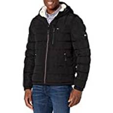 Tommy Hilfiger Herren-Pufferjacke mit Kapuze, mittelschwer, mit Sherpa-Futter, wasserabweisend, Black Tech