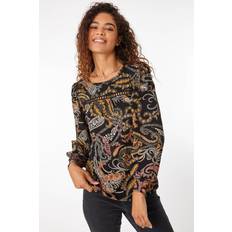 Paisley Bluse Roman Paisley Lace Trim Top in Black