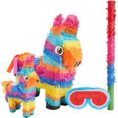 Piñatas Blue Panda 4x small & mini donkey with stick & blindfold for mexican fiesta party