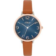 s.Oliver Armbanduhr Quarzuhr Analog, mit Leder Armband, Gold, 5 bar Wasserdicht, Kommt in Geschenk Box, 2033558