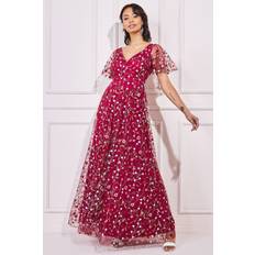 Goddiva Flutter Sleeve Floral Embroidered Maxi Burgundy