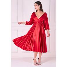 Dresses Goddiva Satin Pleated Skirt Wrap Midi Dress Red