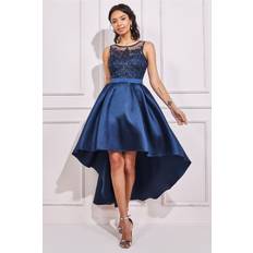 Goddiva Sequin & Satin Dipped Hem Midi Dress Navy