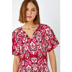 Mujer - Rojo Corbatas Roman Aztec Print Tie Neck Top