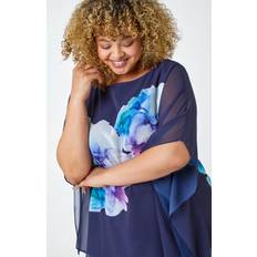 Blue - Equestrian Tank Tops Roman Curve Floral Chiffon Overlay Top