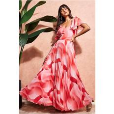 Long Dresses - Orange Goddiva Printed Chiffon Pleated Maxi Dress