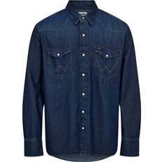 Wrangler Herre - XL Skjorter Wrangler 27mw Dark Stone Mand Langærmede Skjorter Regular Fit Denim hos Magasin Denim