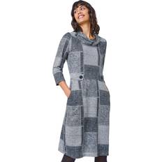 Grey Dresses Roman Patchwork Cowl Neck Button Detail Dress