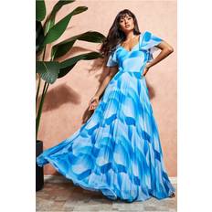 Goddiva Printed Chiffon Pleated Maxi Dress