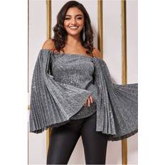 Silver - Women Blouses Goddiva Sequin Lurex Bardot Pleated Sleeve Top