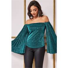 Turquoise Blouses Goddiva Sequin Lurex Bardot Pleated Sleeve Top