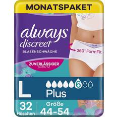 Always Articles de toilette Always Discreet 32 Culottes Incontinence Femme Plus 6 Gouttes Sous-Vêtements Taille L Blanc Protection Très Absorbante Pour Fuites Urinaires Importantes ou Post Accouchement, Pack 1 Mois