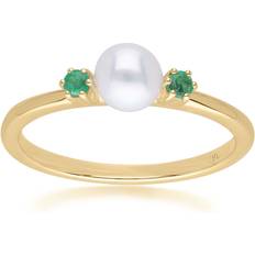 Modern pearl & round emerald ring in 9ct yellow gold