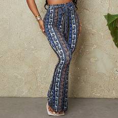 Blommiga Byxor & Shorts Shein Floral & Paisley Print Knot Front Flare Leg Pants