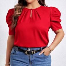 Red Blouses Shein Plus Keyhole Neck Puff Sleeve Blouse