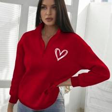 Shein Tröjor Shein Heart Print Half Zip Drop Shoulder Sweatshirt