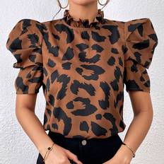 Blouses Shein Puff Sleeve Frilled Neck Leopard Blouse