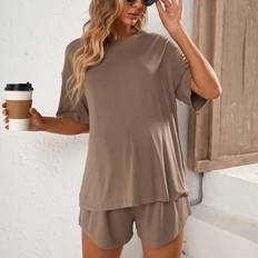 Loungewear Shein Maternity Solid Drop Shoulder Tee & Shorts Loungewear Set