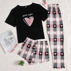 Shein Pajamas Shein Heart & Slogan Graphic Tee & Plaid Print Shorts & Trousers PJ Set