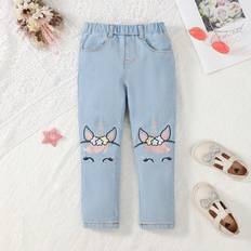 Embroidered Trousers Children's Clothing Shein Young Girl Embroidery Unicorn Pattern Straight Leg Jeans