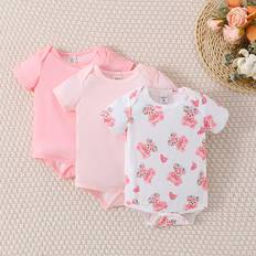 Florals Bodysuits Children's Clothing Shein Newborn Casual Cute Bear Print Short Sleeve Romper - Spring/Summer